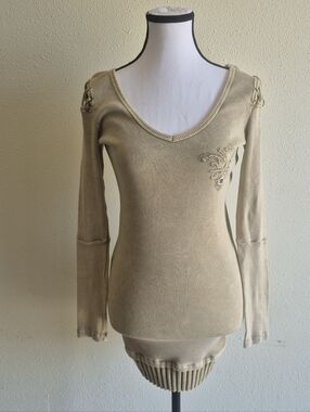 Y2K Waffle Knit Lace Up Shoulders Olive Green Long Tunic Top Size Small